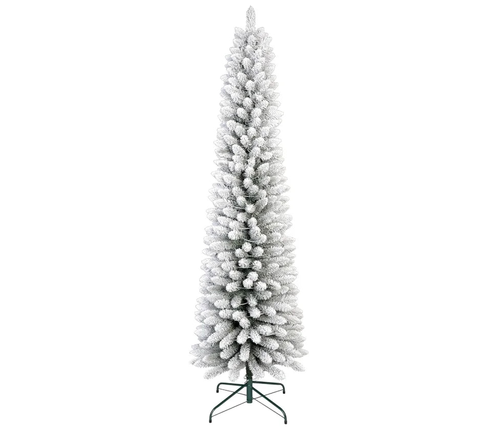 Tall Slim Artificial Pencil Christmas Tree with Snow Flocking Realistic Mixed PVC Branches Space-Saving Holiday Decoration