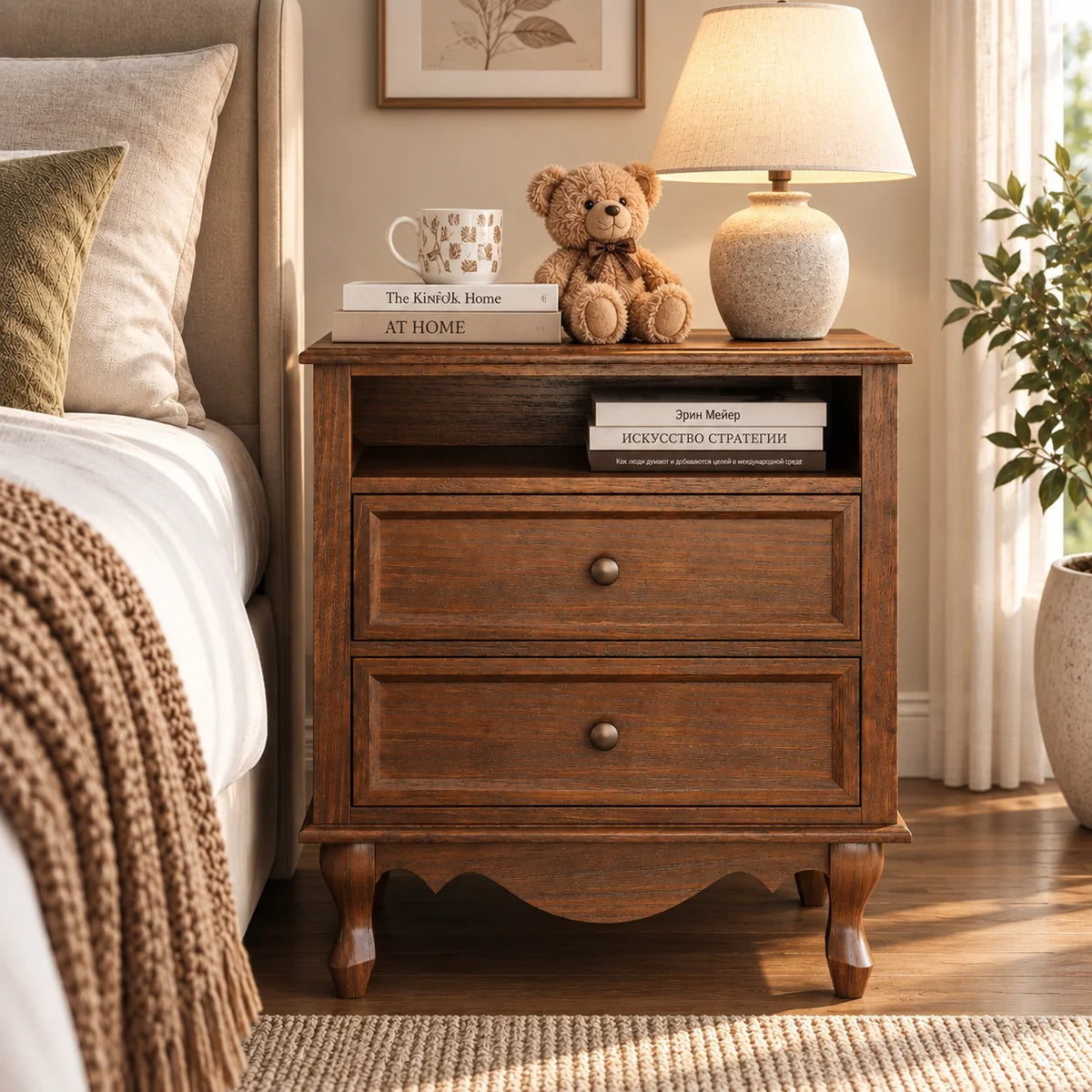 Solid Wood Nightstand, Fully Assembled Night Stand with 2 Drawer & Open Shelf Storage, Bedside Table with Charging Station, Mid-Century Modern End Table for Bedroom