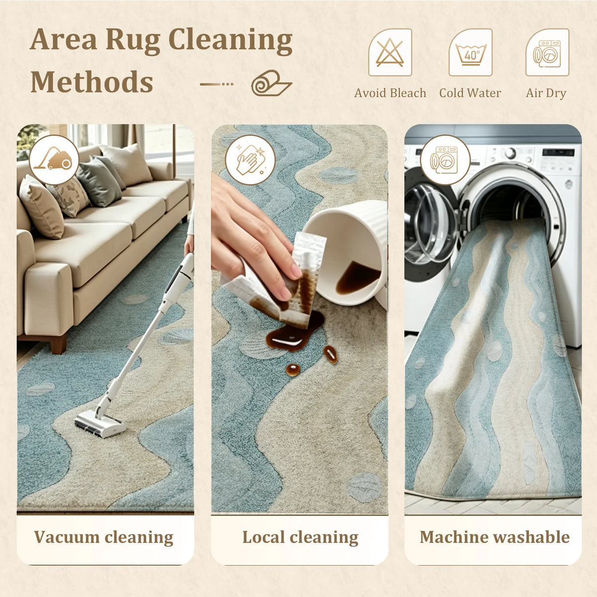 Machine Washable Coastal Wave Seashell Rug With Non Slip Backing