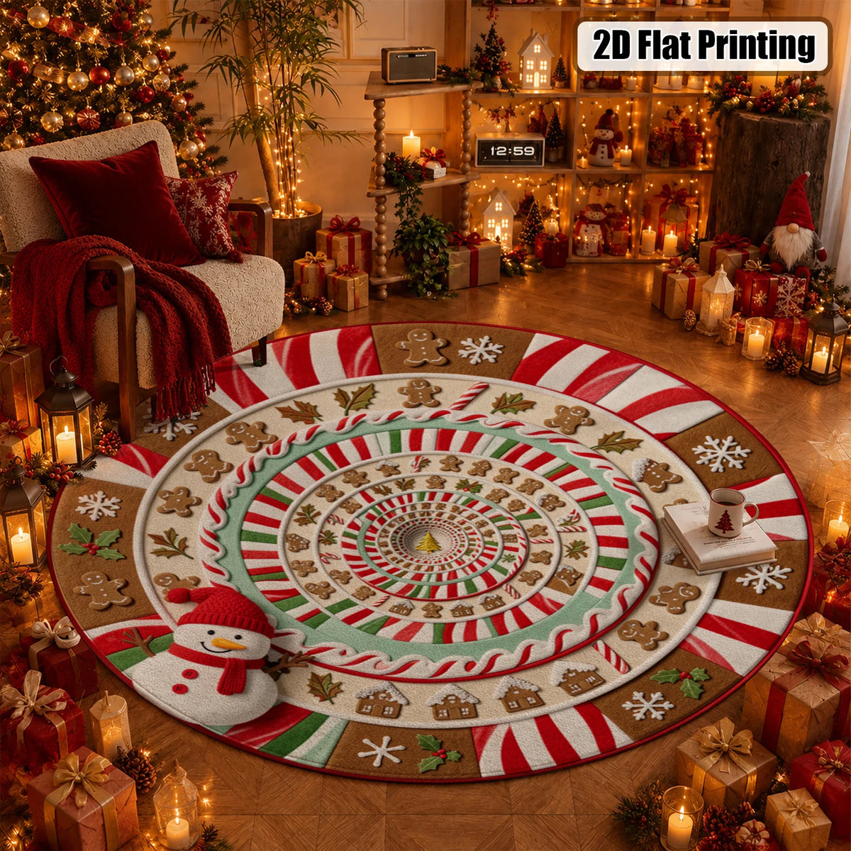 Christmas Candy Cane Gingerbread Snowman Snowflake Washable Velvet Area Rug