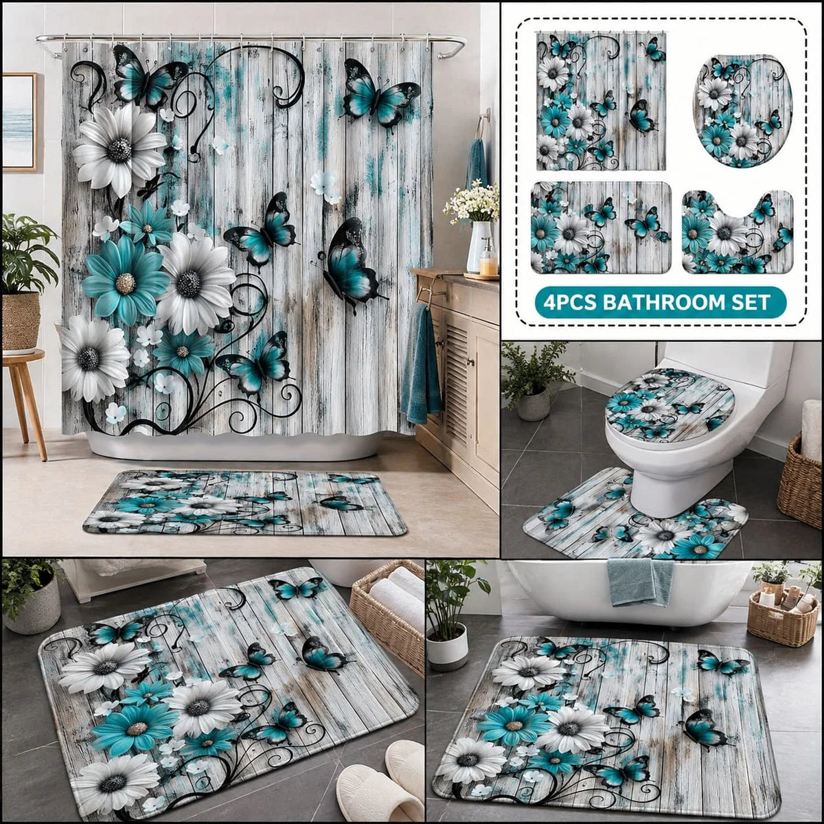 Floral Butterfly Bathroom Shower Curtain Set Rugs Toilet Lid Cover