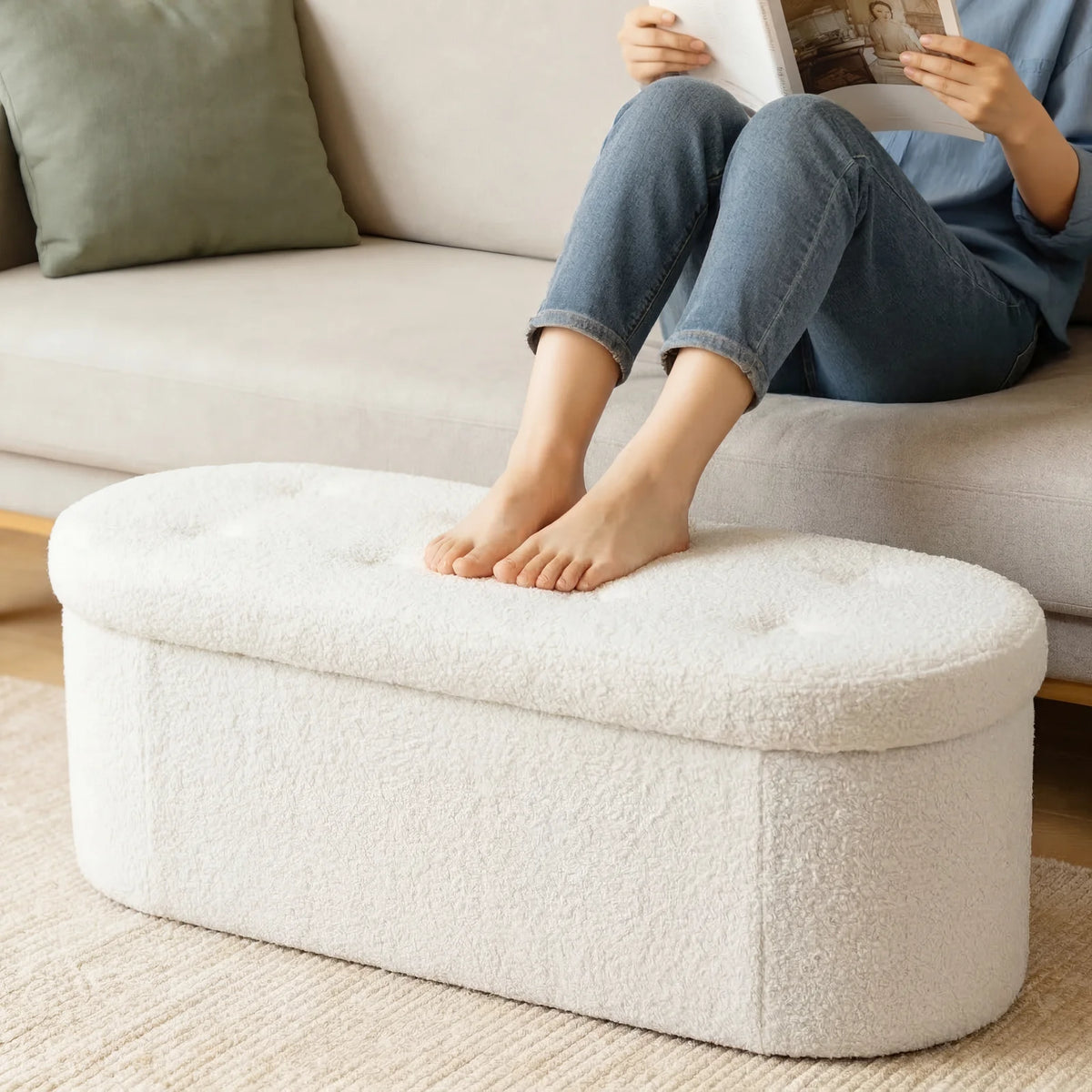 MCQ Faux Fur Storage Ottoman Stool for Bedroom Vanity Seating
