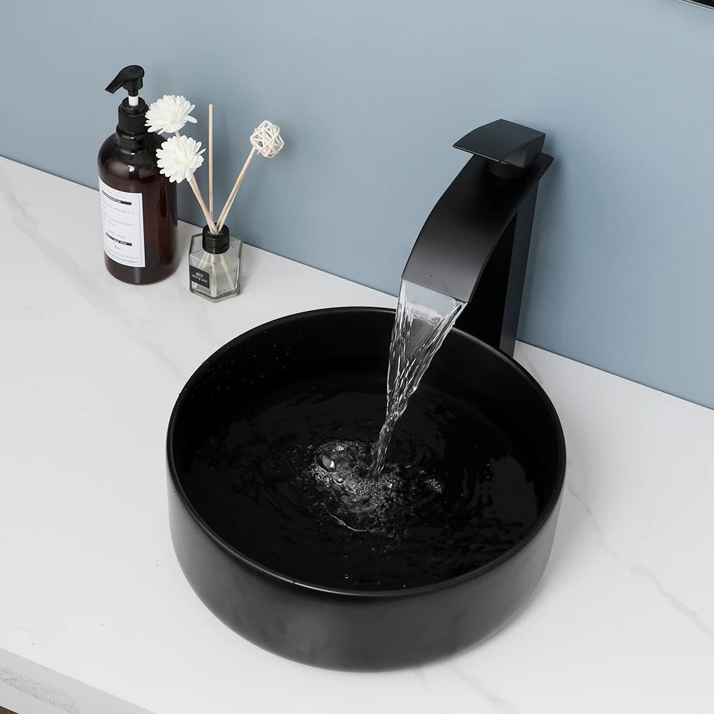 MEKKHALA Round Ceramic Above Counter Bathroom Sink With Faucet Set