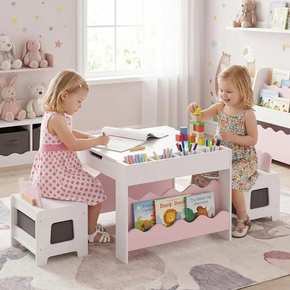 Kids Table and Chairs, Wooden 4-in-1 Activity Desk Set w/Double-Sided Tabletop, Chalkboard, Bookshelves, Small Comparents & abri