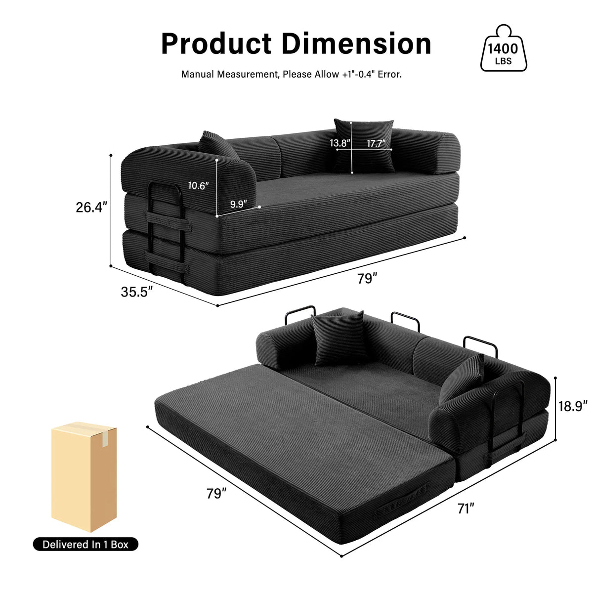 Foldable Convertible Futon Sleeper Sofa Bed With L Shaped Armrests