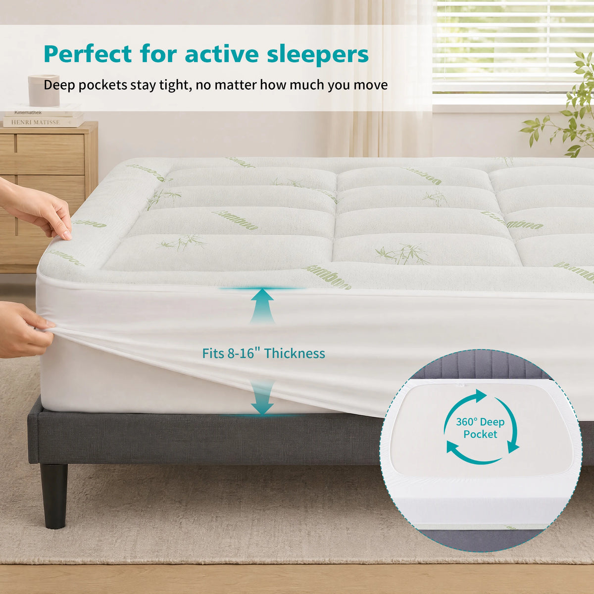 JHK Waterproof Bamboo Viscose Mattress Topper Cooling Deep Pocket