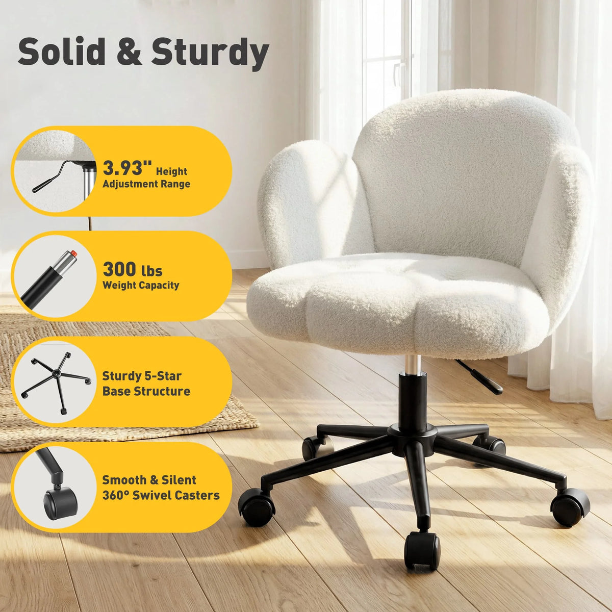 EnHomee Petal Vanity Chair With Wheels, Adjustable Swivel Desk Chair