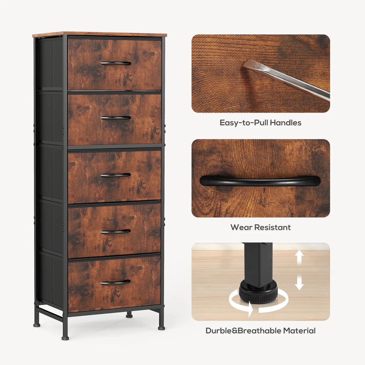 JHK 5 Drawer Fabric Dresser For Bedroom Storage Cabinet