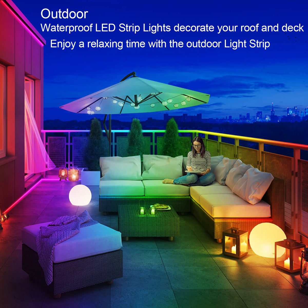 200ft Outdoor LED Strip Lights Waterproof,IP68 Outside Led Light Strips with App and Remote,Music Sync RGB Exterior Rope Self Adhesive Back for Deck,Balcony,Pool