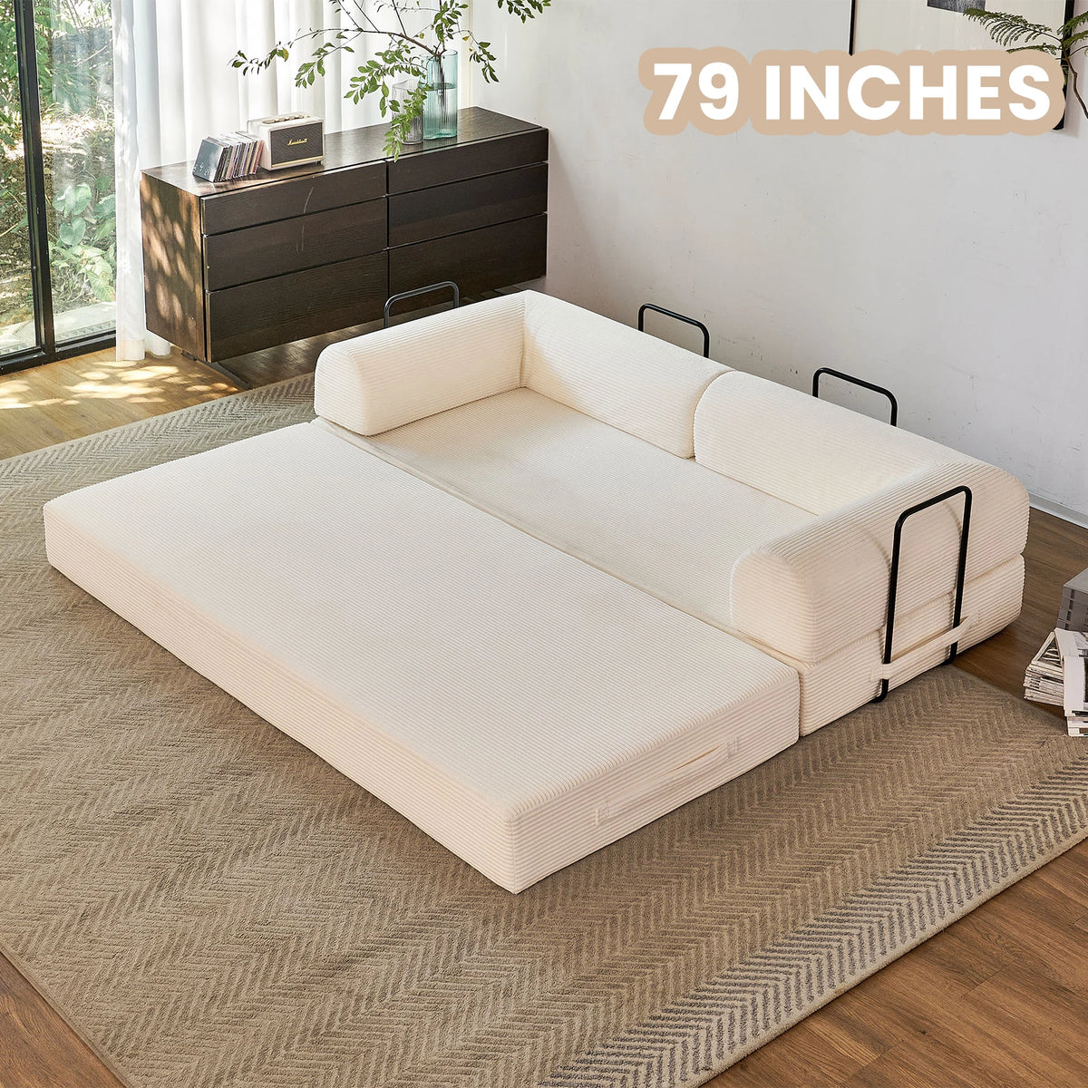 Foldable Convertible Futon Sleeper Sofa Bed With L Shaped Armrests