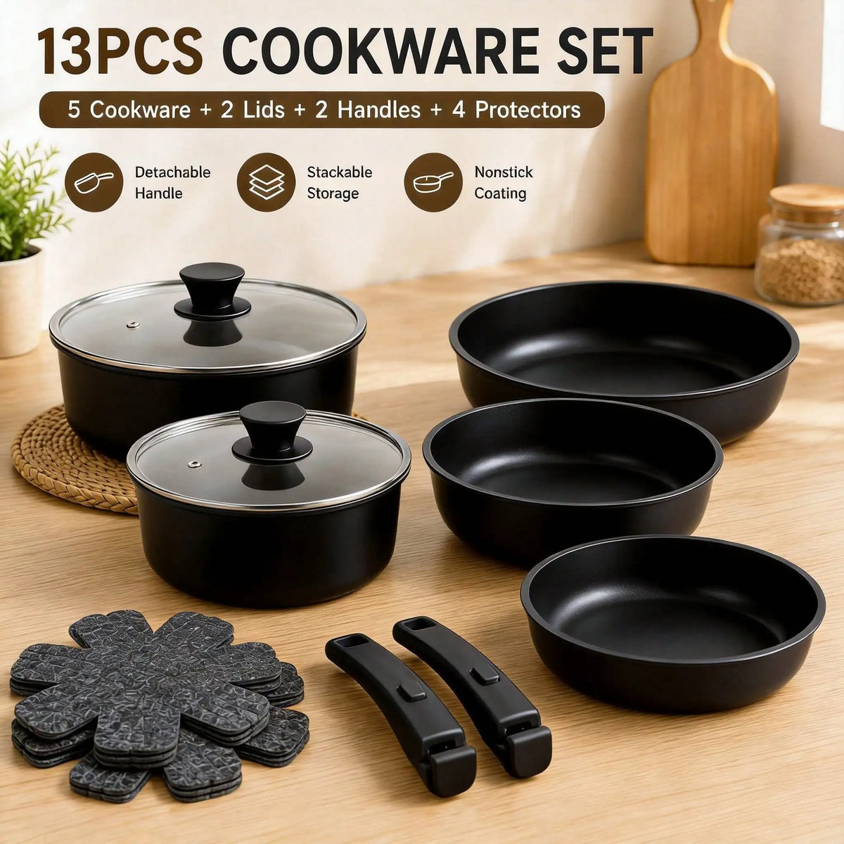 Premium 13PCS Nonstick Cookware Set With Detachable Handles, Matte Black Stackable Pots And Pans Set For Modern Kitchen, RV Camping, Induction Compatible Cooking Set(304 Stainless Steel) sh260805145768381269248