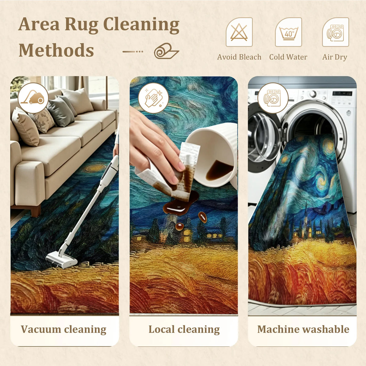 Van Gogh Starry Night Art Print Washable Non Slip Area Rug
