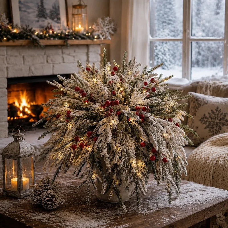 Artificial Norfolk Pine Branches With Red Berries for Holiday Decor