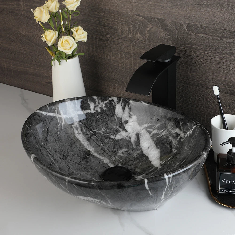MEKKHALA Ceramic Oval Countertop Bathroom Basin Sink with Drainer