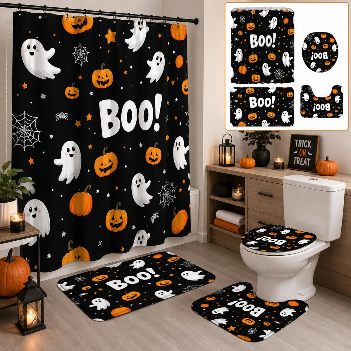 Halloween Pumpkin Ghost Bathroom Shower Curtain Set With Toilet Covers