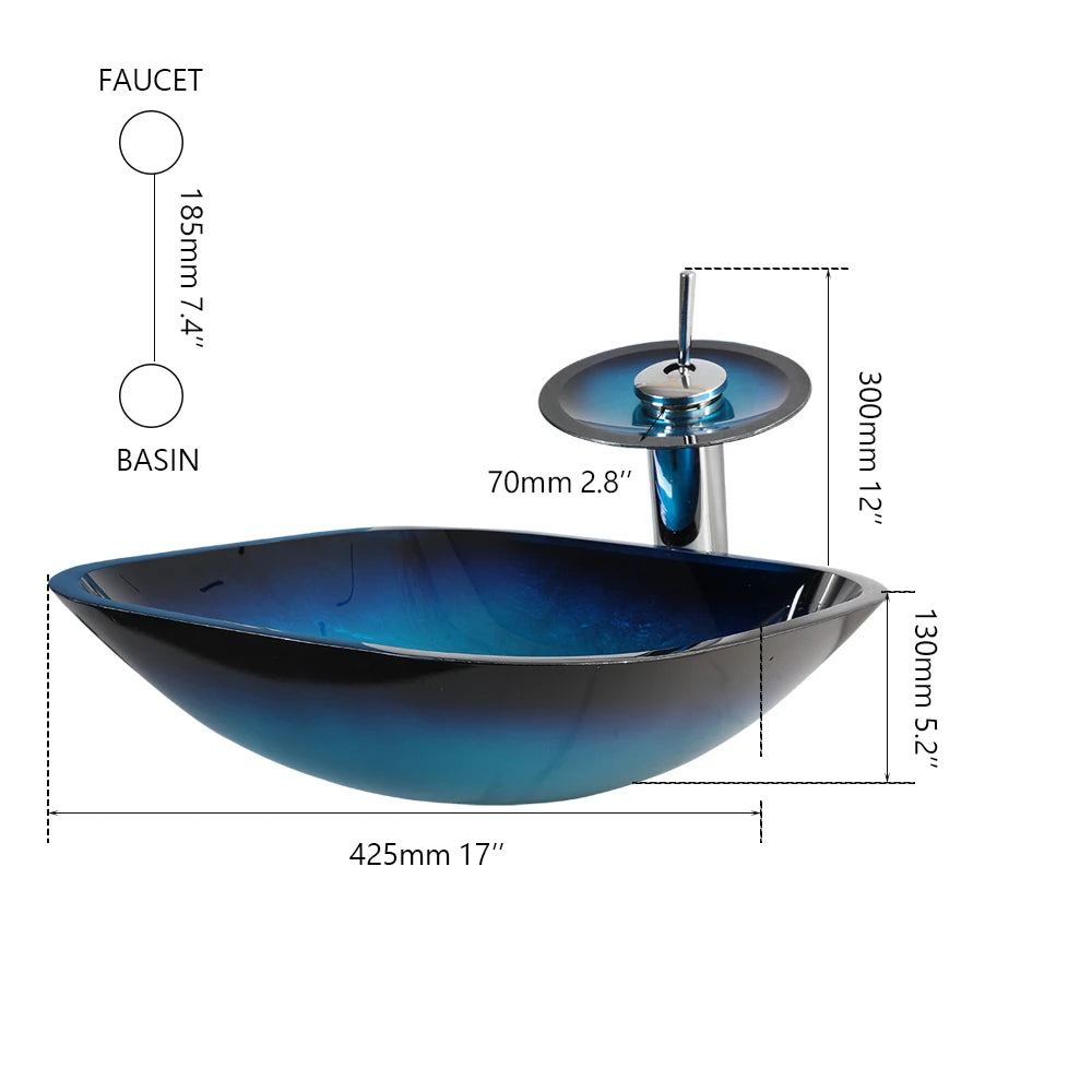 KEMAIDI Artistic Vessel Sink -17 Inch Square Tempered Glass Bowl with Faucet Drain Combo for Above Counter Bathroom Vanity Blue