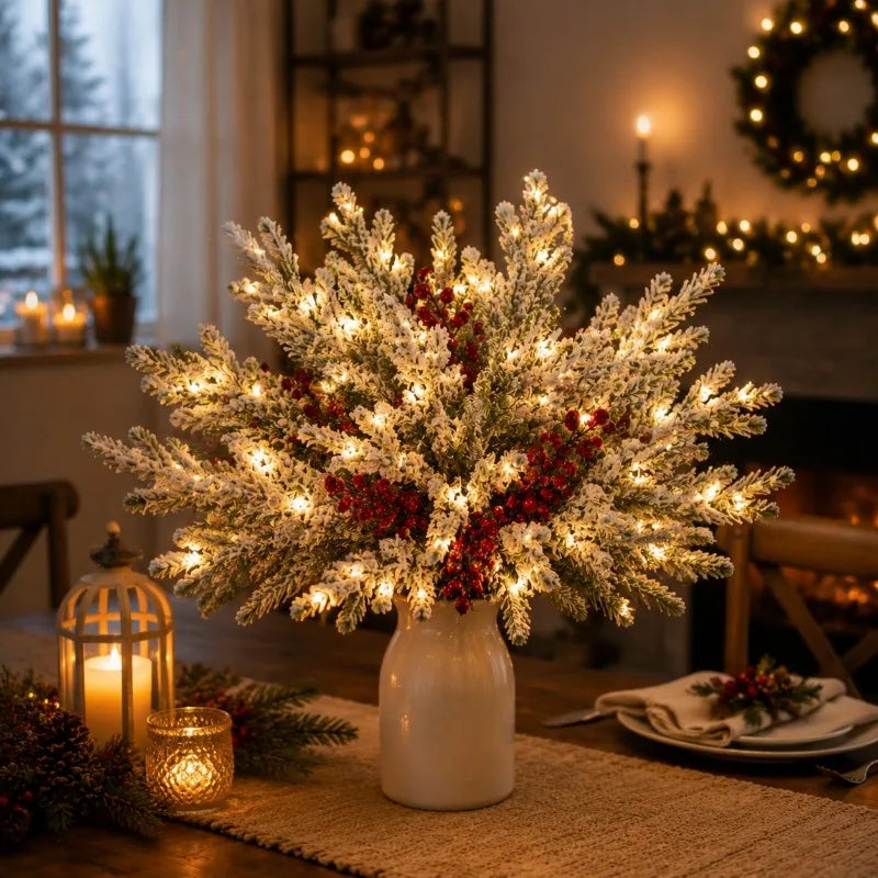 Artificial Norfolk Pine Branches With Red Berries for Holiday Decor