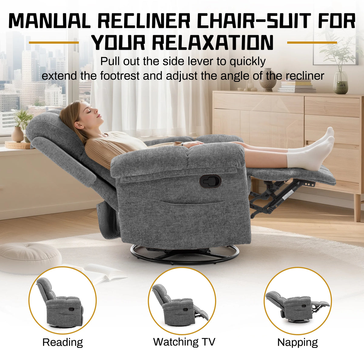 KORSER Swivel Rocker Recliner Chair with Side Pockets
