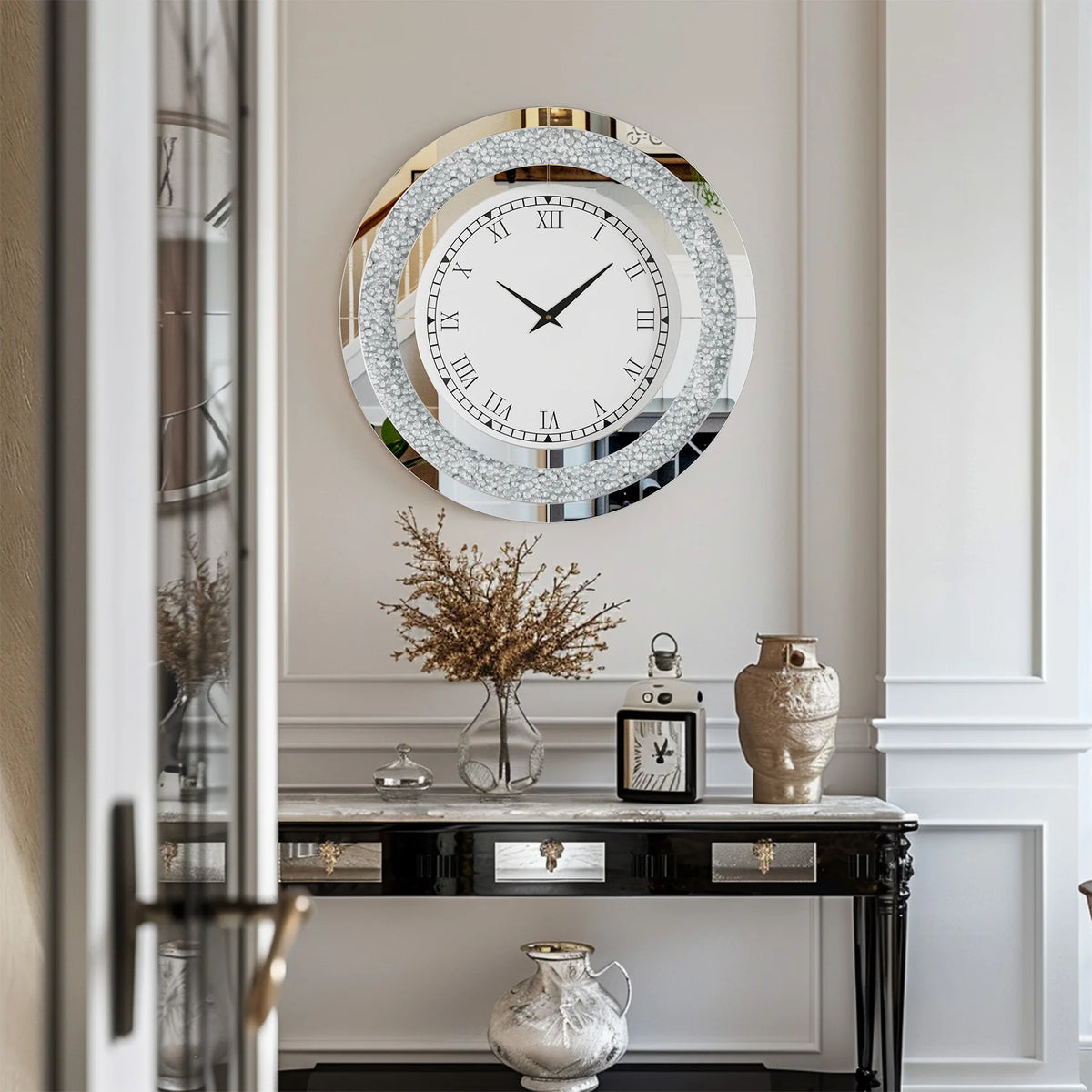 Crystal Sparkle Mirrored Wall Clock for Living Room Decor