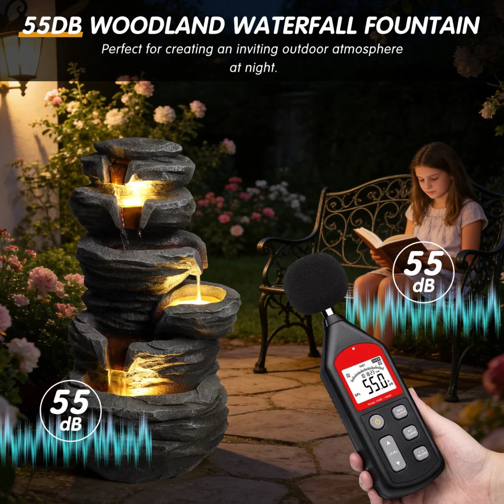 Outdoor Cascading Waterfall Fountain with Lights for Garden Decor
