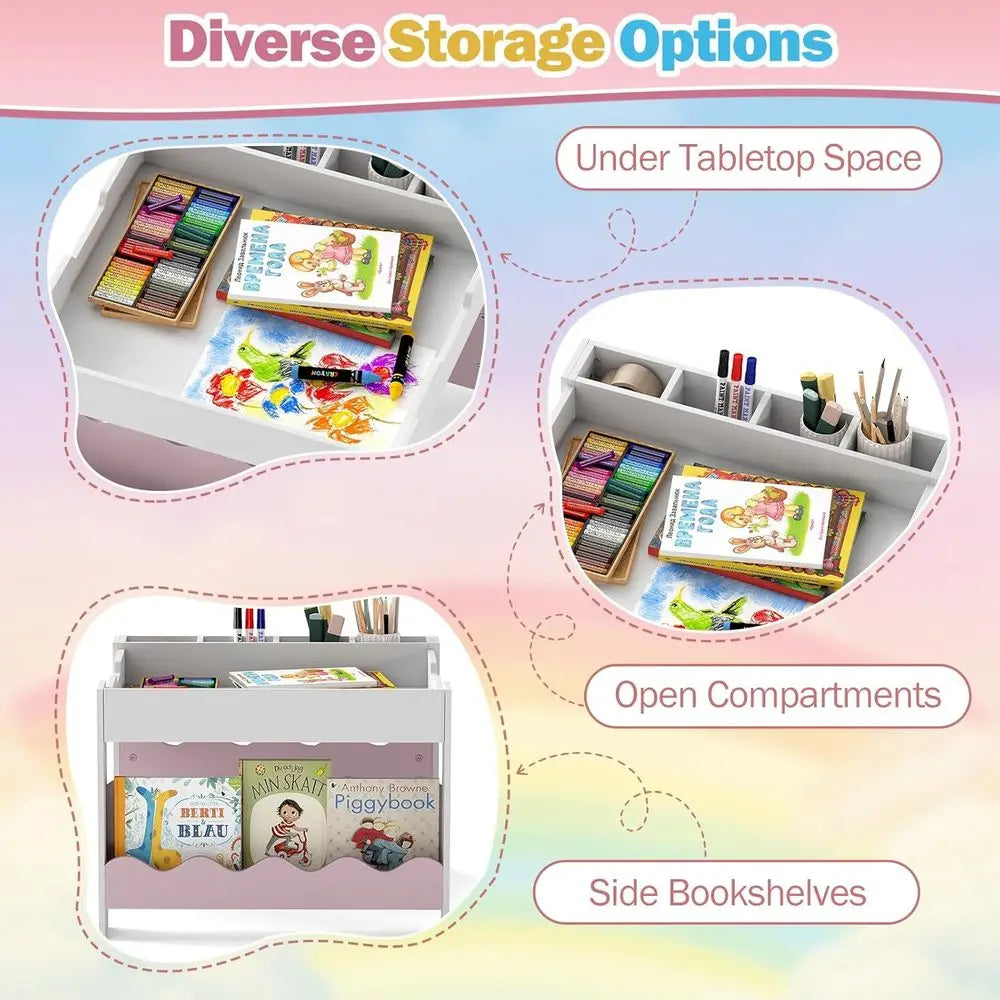 Kids Table and Chairs, Wooden 4-in-1 Activity Desk Set w/Double-Sided Tabletop, Chalkboard, Bookshelves, Small Comparents & abri