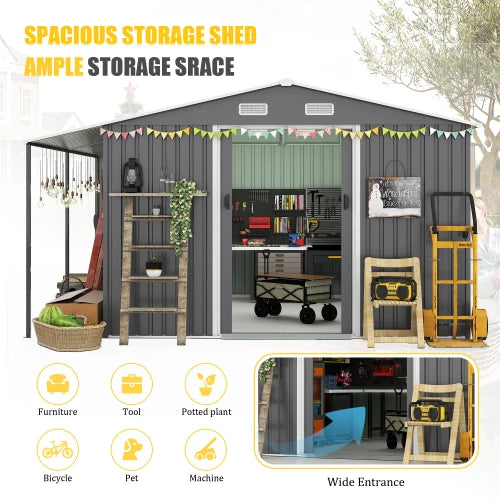 10x12 Ft Outdoor Storage Shed, Extra Large Metal Shed with Lockable Doors, Windows, Outside Steel Tiny House Ideal for Garden