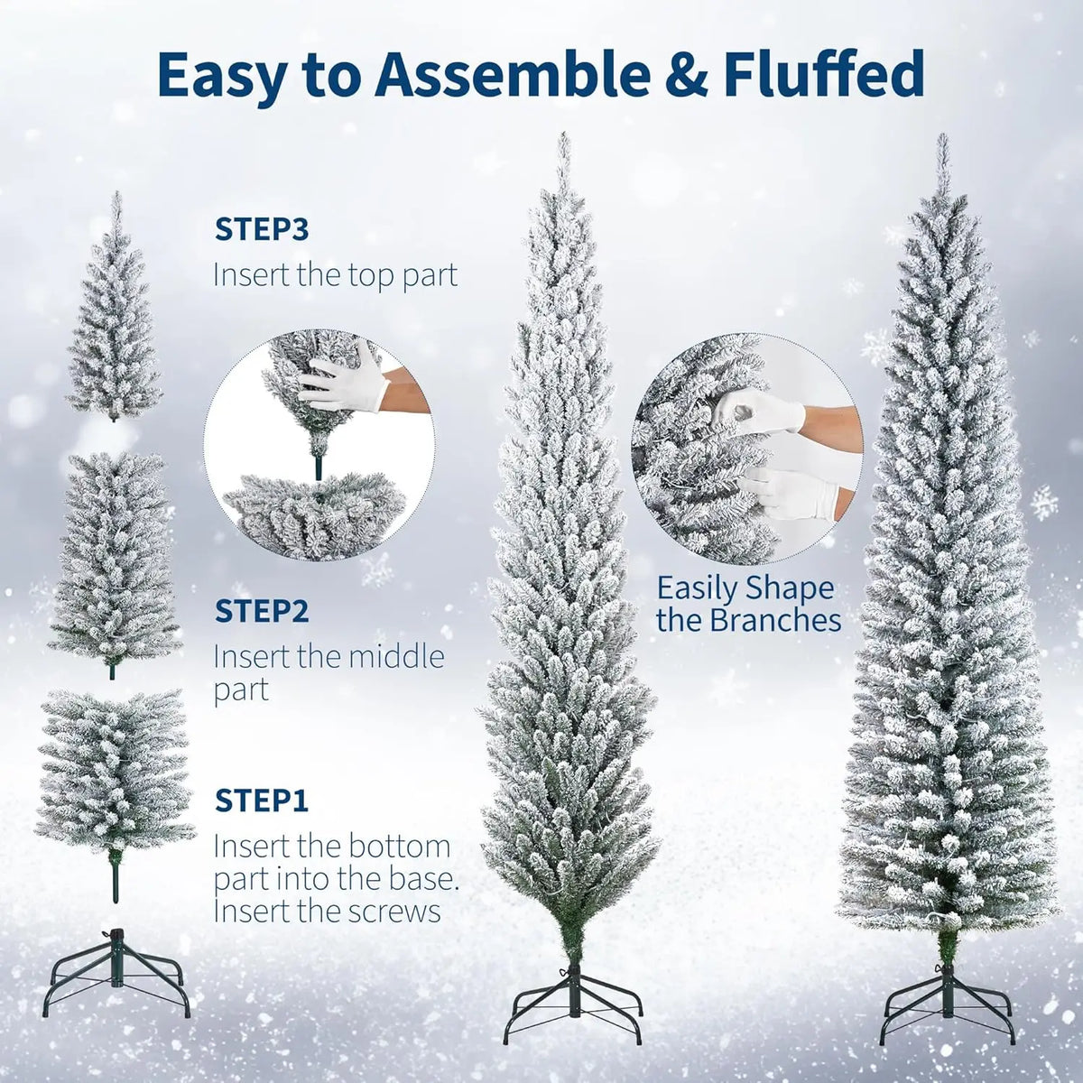 Tall Slim Artificial Pencil Christmas Tree with Snow Flocking Realistic Mixed PVC Branches Space-Saving Holiday Decoration