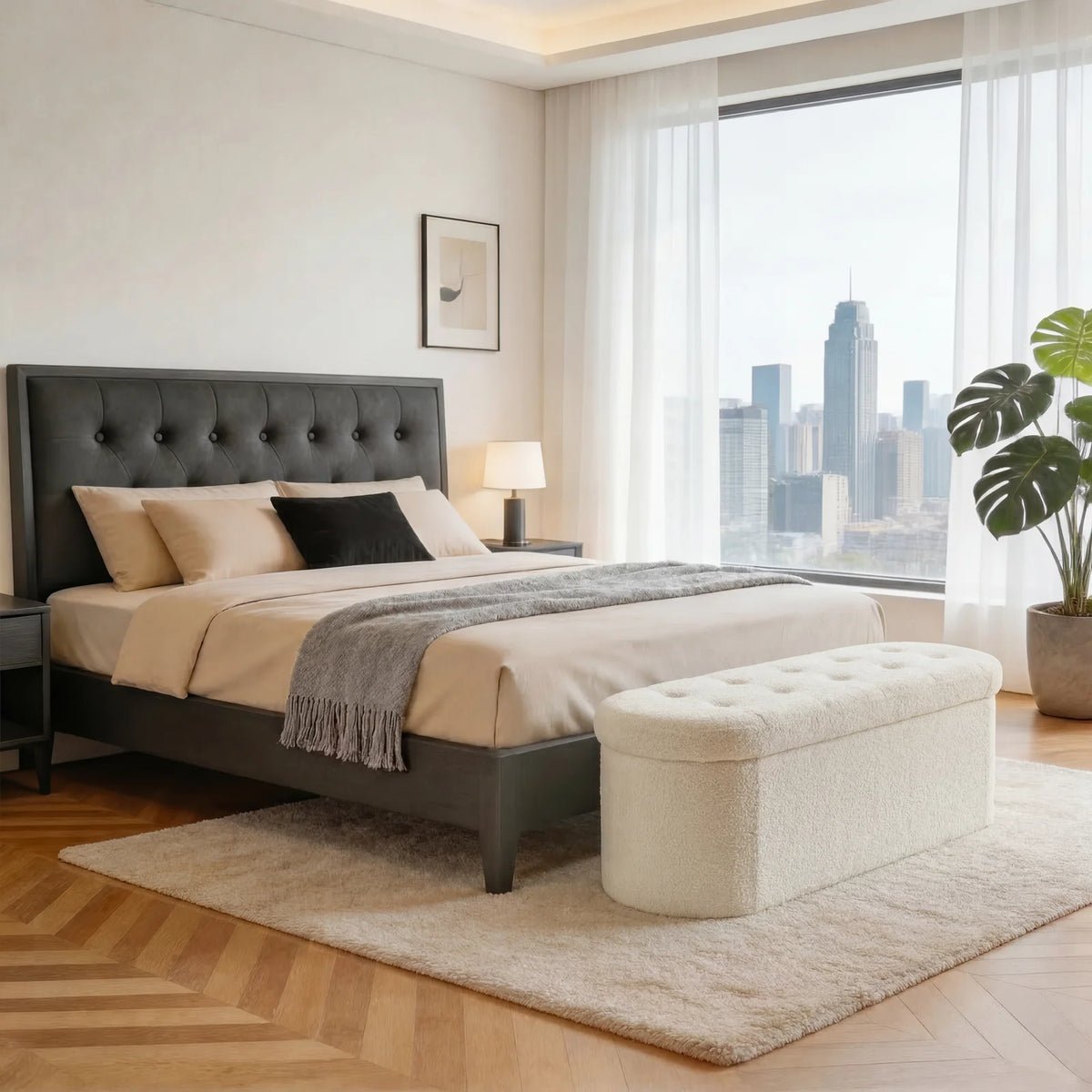 MCQ Faux Fur Storage Ottoman Stool for Bedroom Vanity Seating