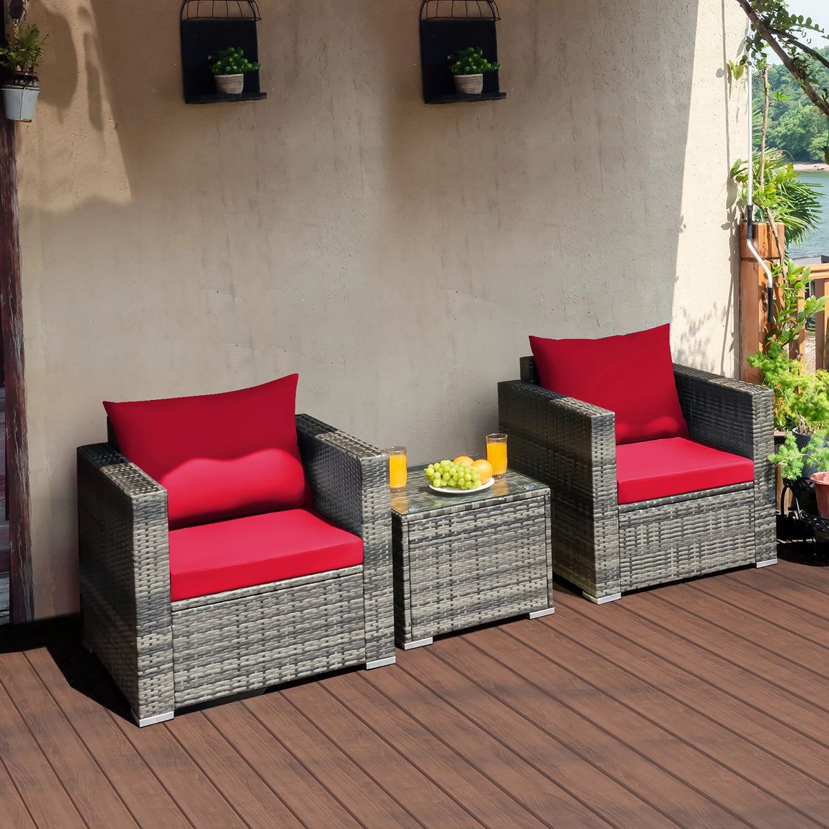HOMASIS Outdoor Rattan Bistro Furniture Set With Cushioned Seating