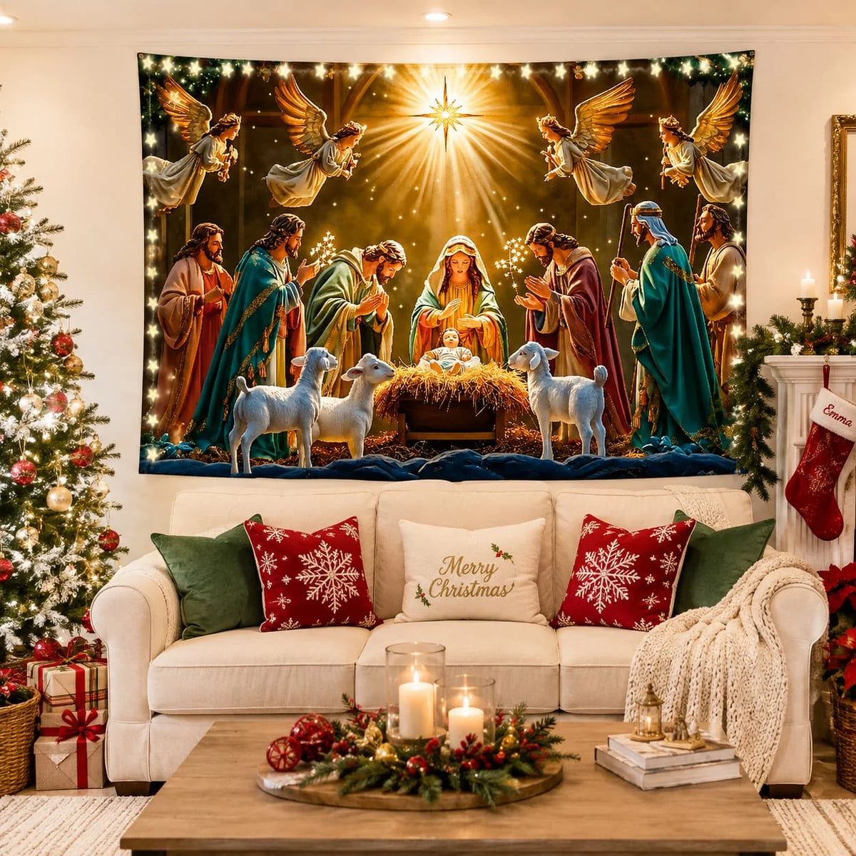 Nativity Scene Tapestry, Christmas Religious Wall Hanging Decor