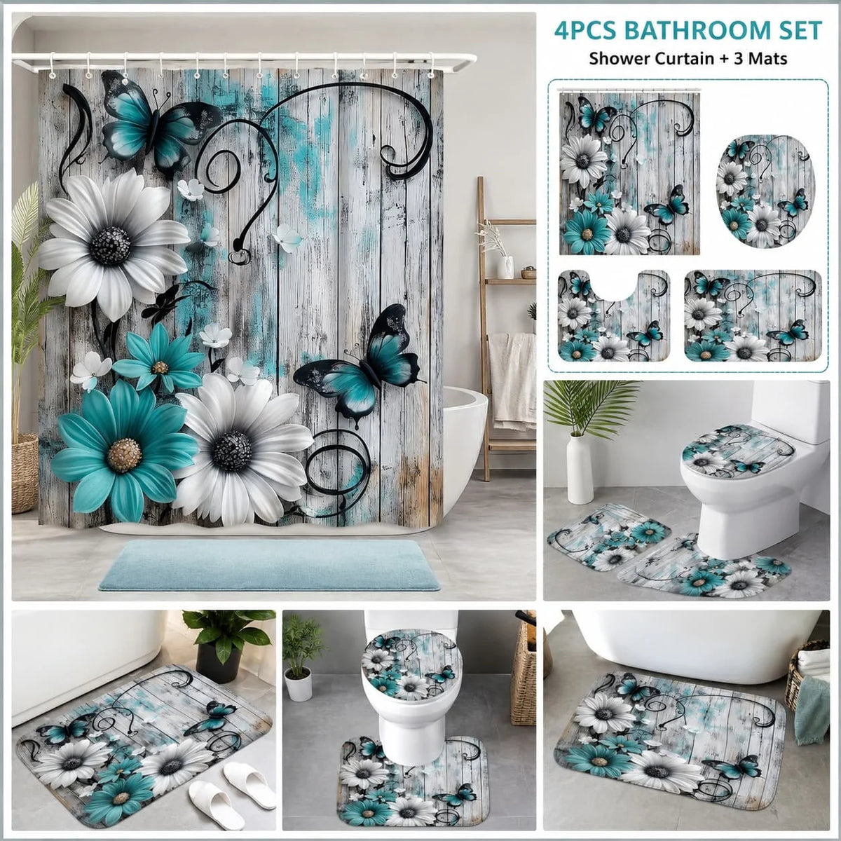 Floral Butterfly Bathroom Shower Curtain Set Rugs Toilet Lid Cover