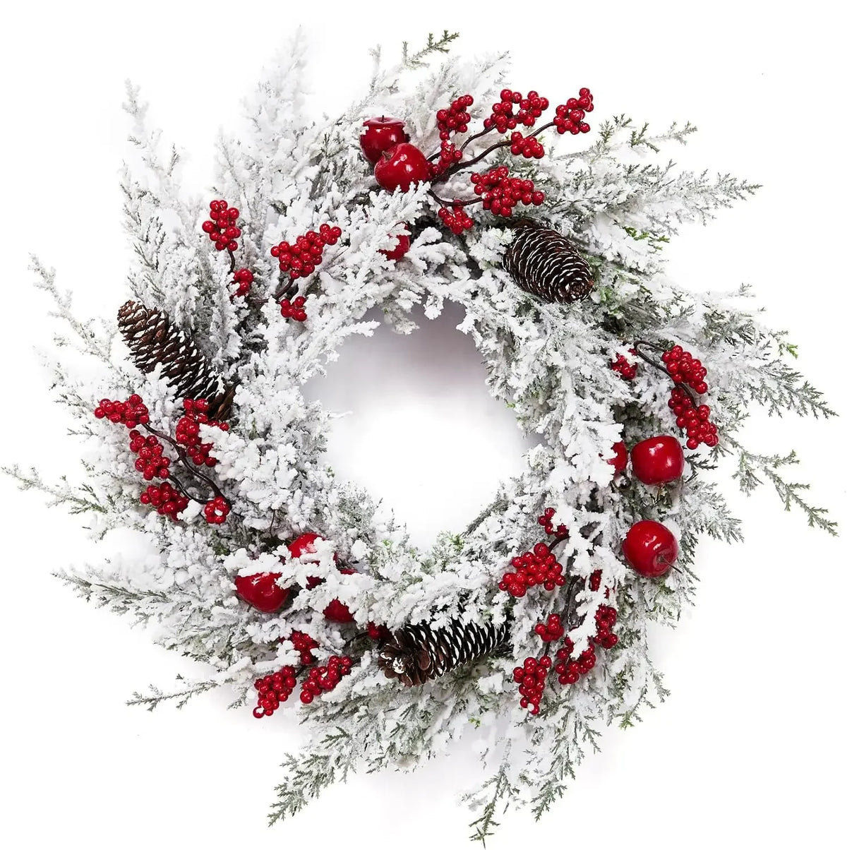 Garvee Snow Flocked Christmas Wreath With Pinecones And Berries