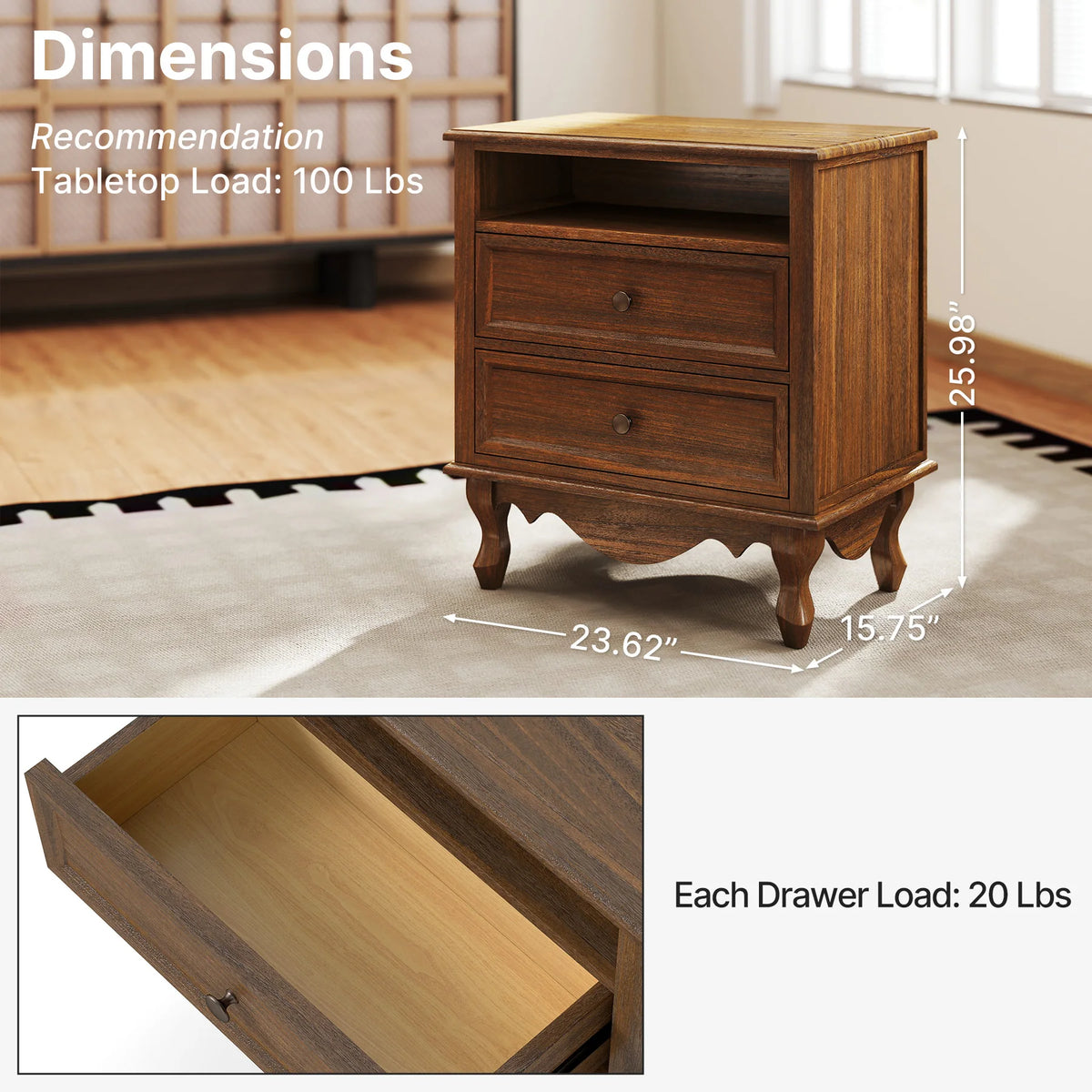 Solid Wood Nightstand, Fully Assembled Night Stand with 2 Drawer & Open Shelf Storage, Bedside Table with Charging Station, Mid-Century Modern End Table for Bedroom