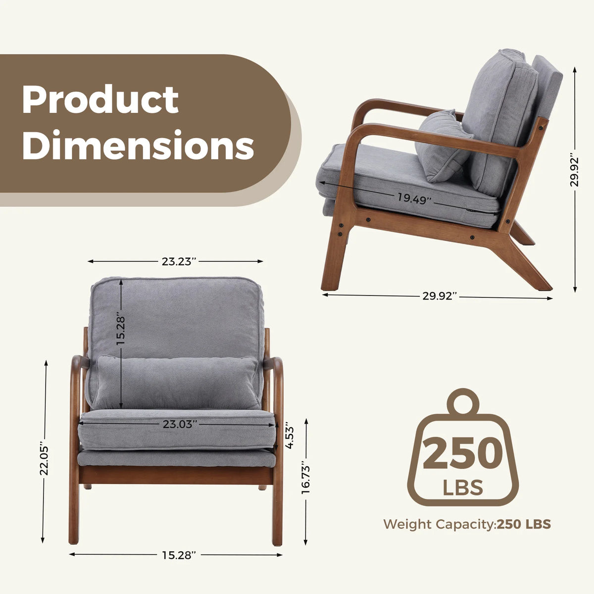 JHK Mid Century Wooden Accent Chair With Arms And Cushion