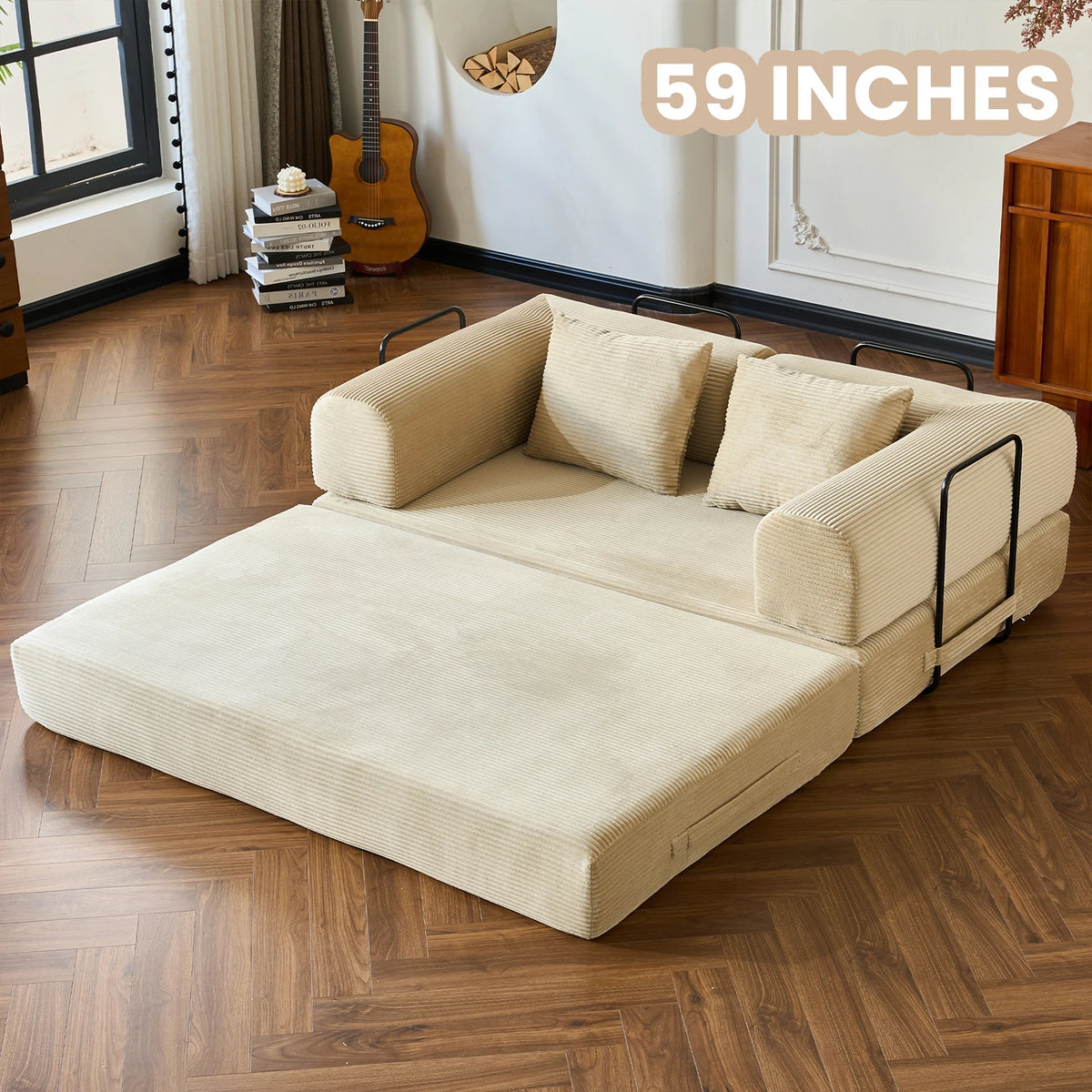 Foldable Convertible Futon Sleeper Sofa Bed With L Shaped Armrests