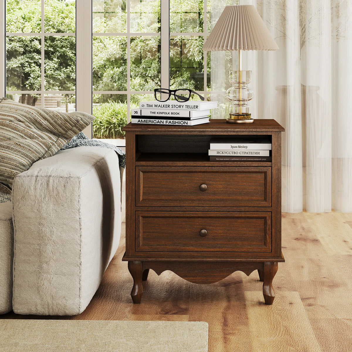 Solid Wood Nightstand, Fully Assembled Night Stand with 2 Drawer & Open Shelf Storage, Bedside Table with Charging Station, Mid-Century Modern End Table for Bedroom