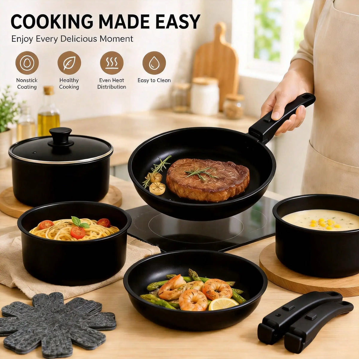 Premium 13PCS Nonstick Cookware Set With Detachable Handles, Matte Black Stackable Pots And Pans Set For Modern Kitchen, RV Camping, Induction Compatible Cooking Set(304 Stainless Steel) sh260805145768381269248