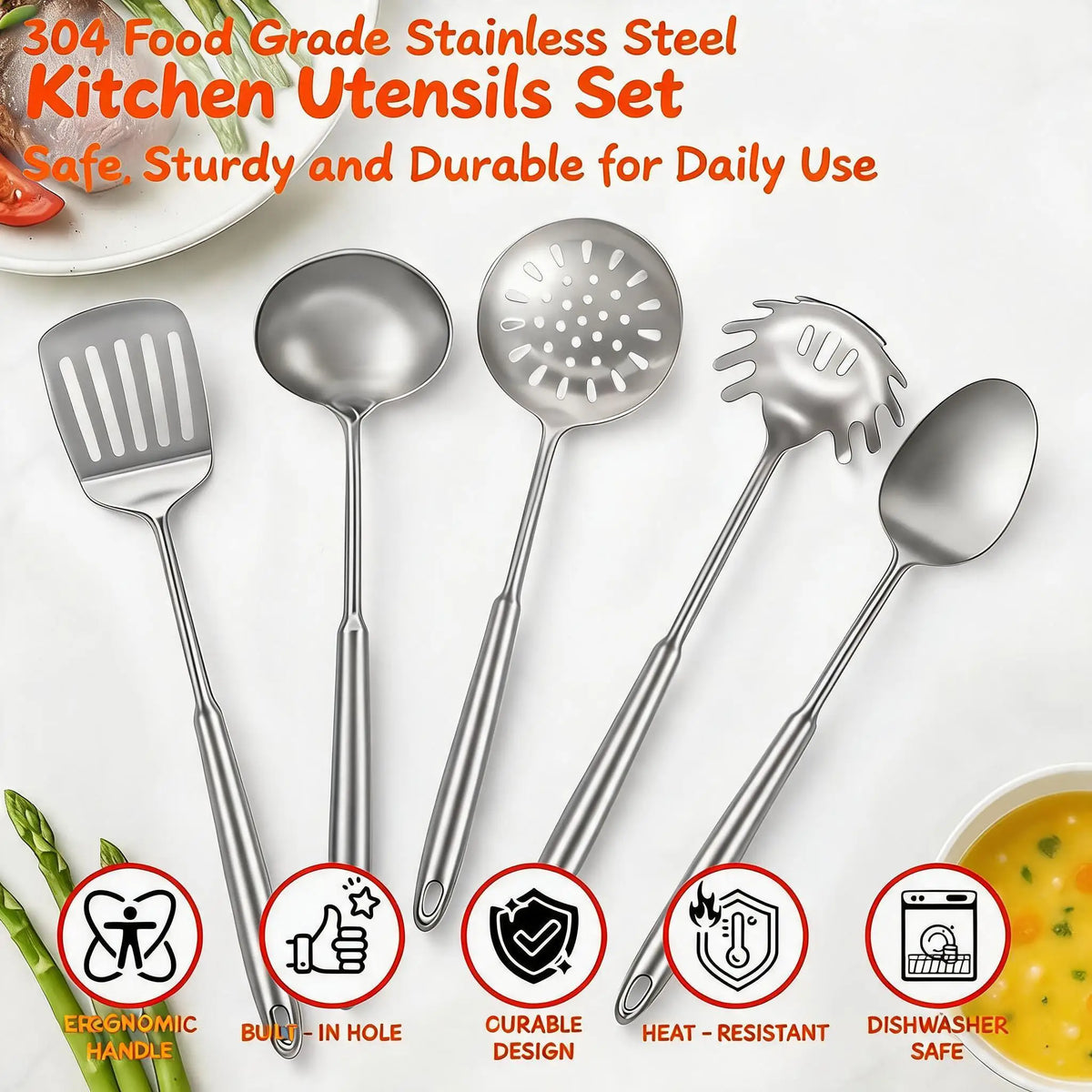 Stainless Steel Kitchen Utensil Set with Turner, Ladle and Skimmer