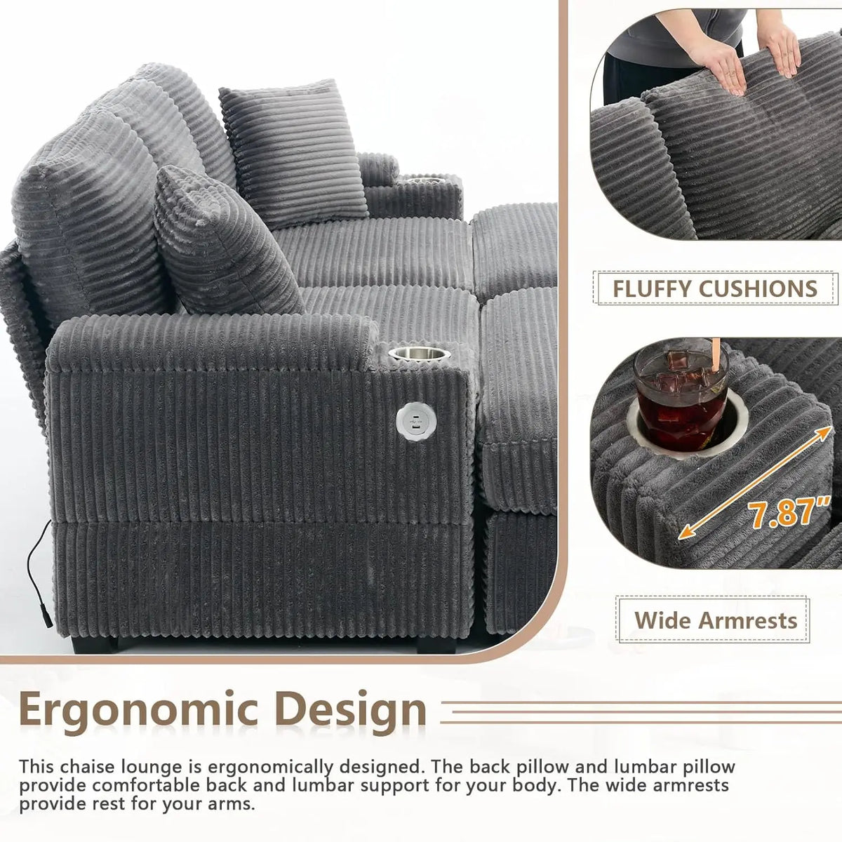 Oversized Double Chaise Lounge With Ottomans And Storage Cup Holders