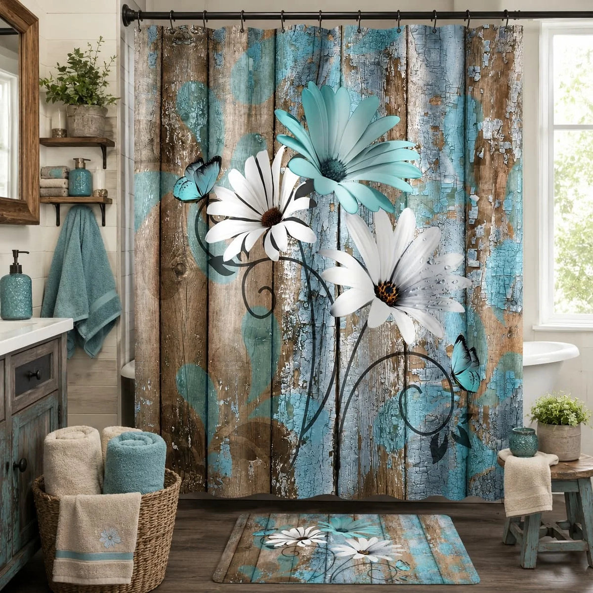 Farmhouse Floral Garden Shower Curtain with Hooks for Rustic Bathrooms