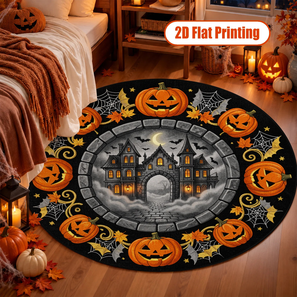 Halloween Pumpkin Haunted House Round Velvet Rug Machine Washable For Home