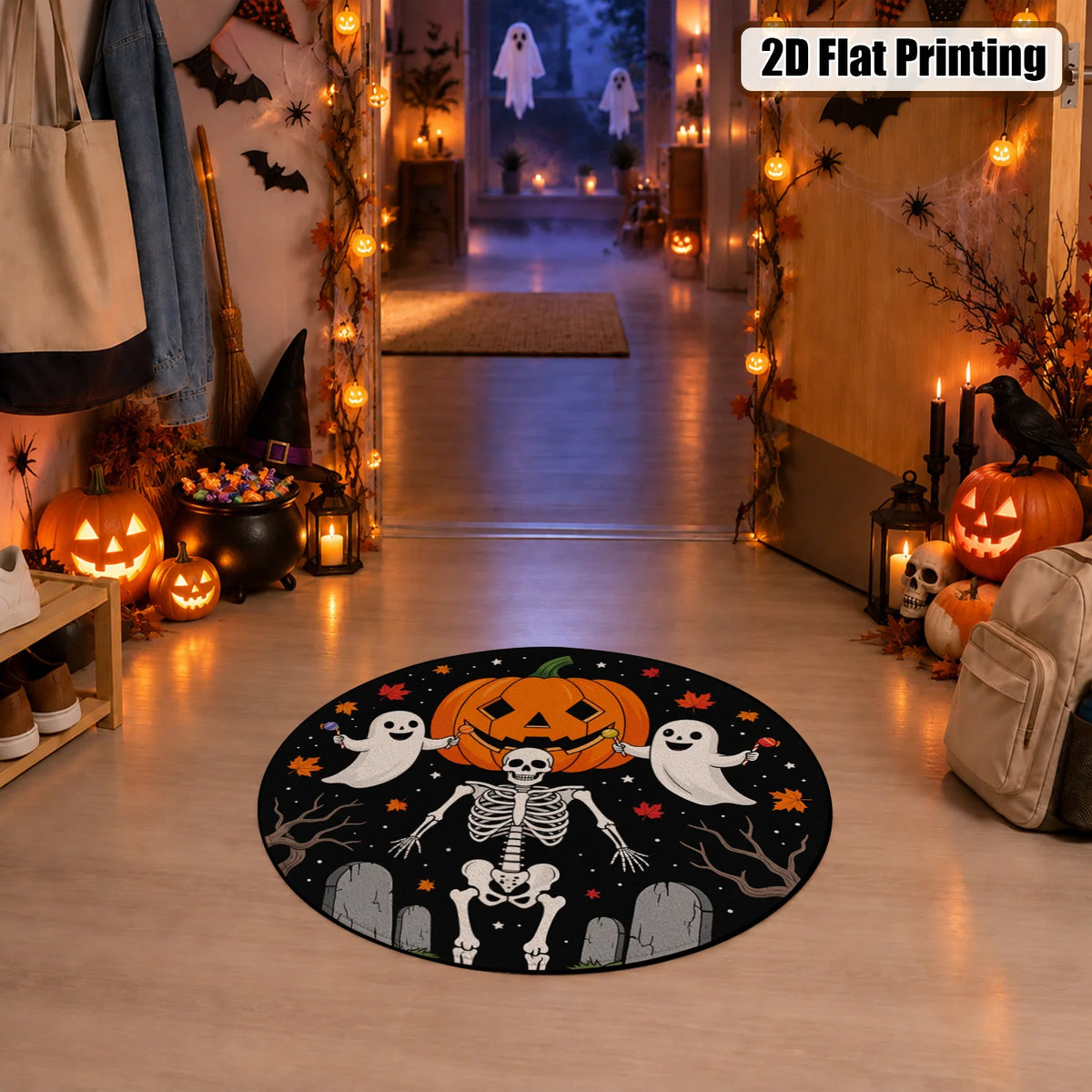 Halloween Pumpkin Ghost Skeleton Round Velvet Mat Machine Washable Decor