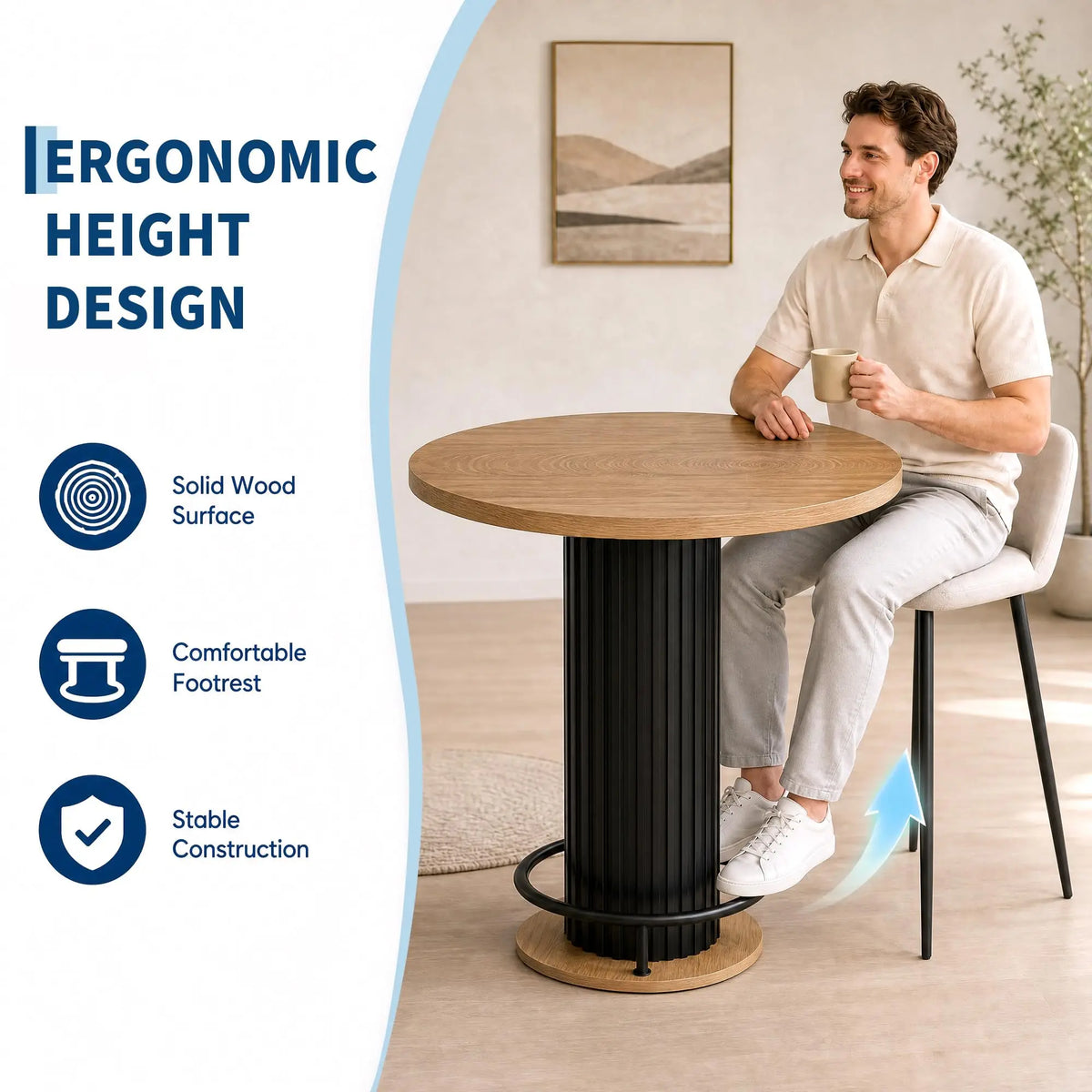 31.5 Inch Round Bar Table, 39.4 Inch High Bistro Pub Table With Iron Wave Base, Footrest, Wood Grain Top For Small Spaces Home