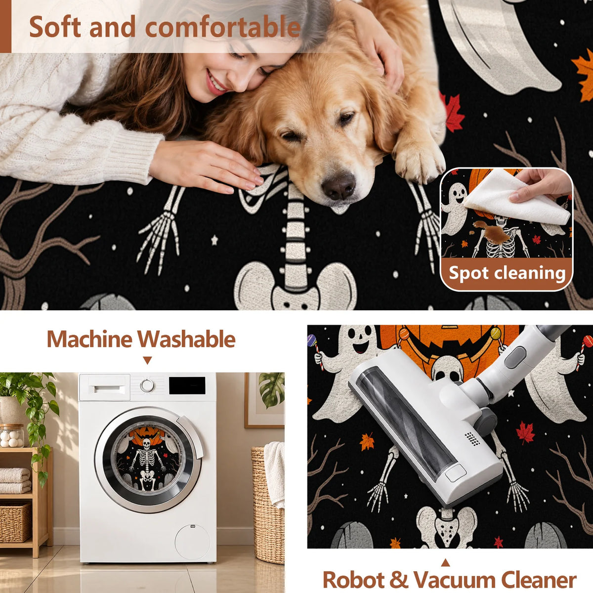 Halloween Pumpkin Ghost Skeleton Round Velvet Mat Machine Washable Decor