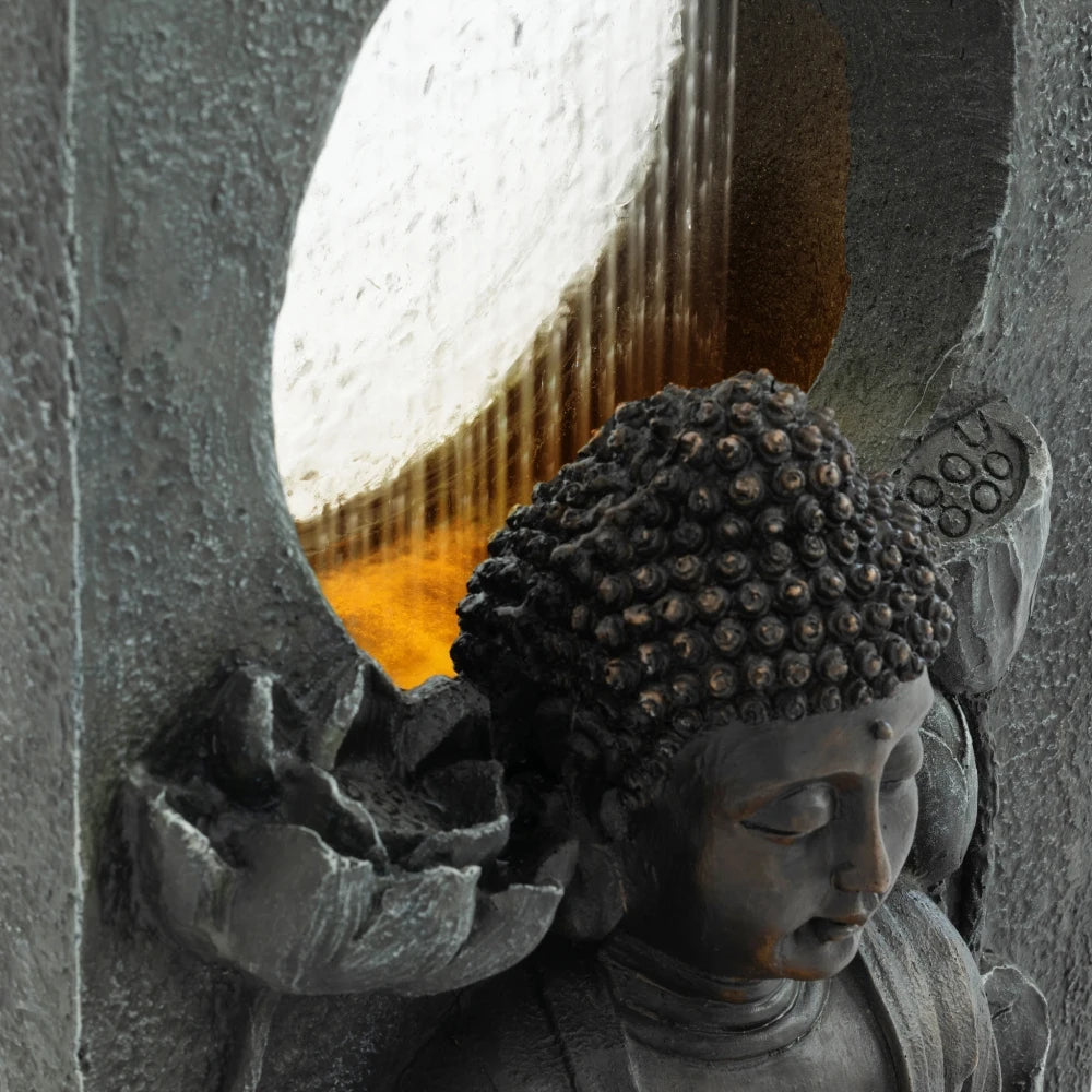 Zen Buddha Waterfall Fountain with LED for Garden Patio Decor