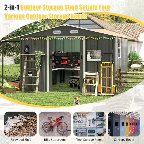 10x12 Ft Outdoor Storage Shed, Extra Large Metal Shed with Lockable Doors, Windows, Outside Steel Tiny House Ideal for Garden