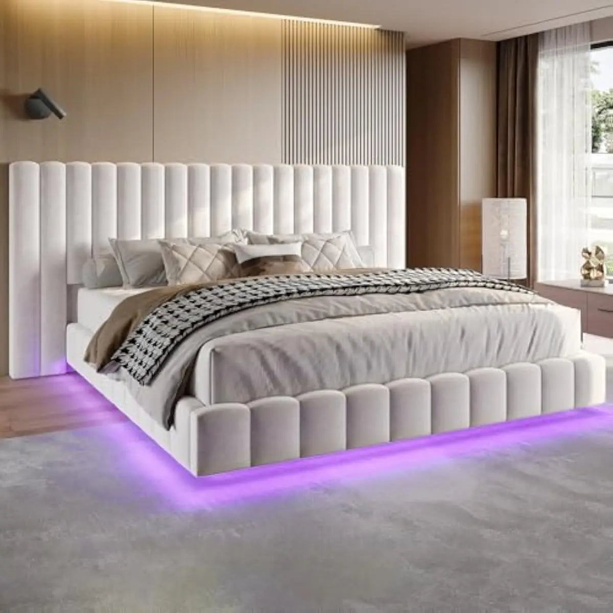 Tufted Velvet Upholstered Bed Frame With LED Lights And Storage