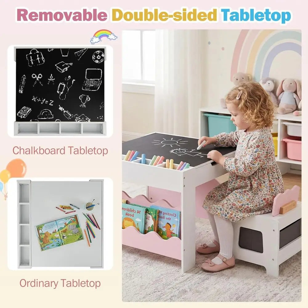 Kids Table and Chairs, Wooden 4-in-1 Activity Desk Set w/Double-Sided Tabletop, Chalkboard, Bookshelves, Small Comparents & abri