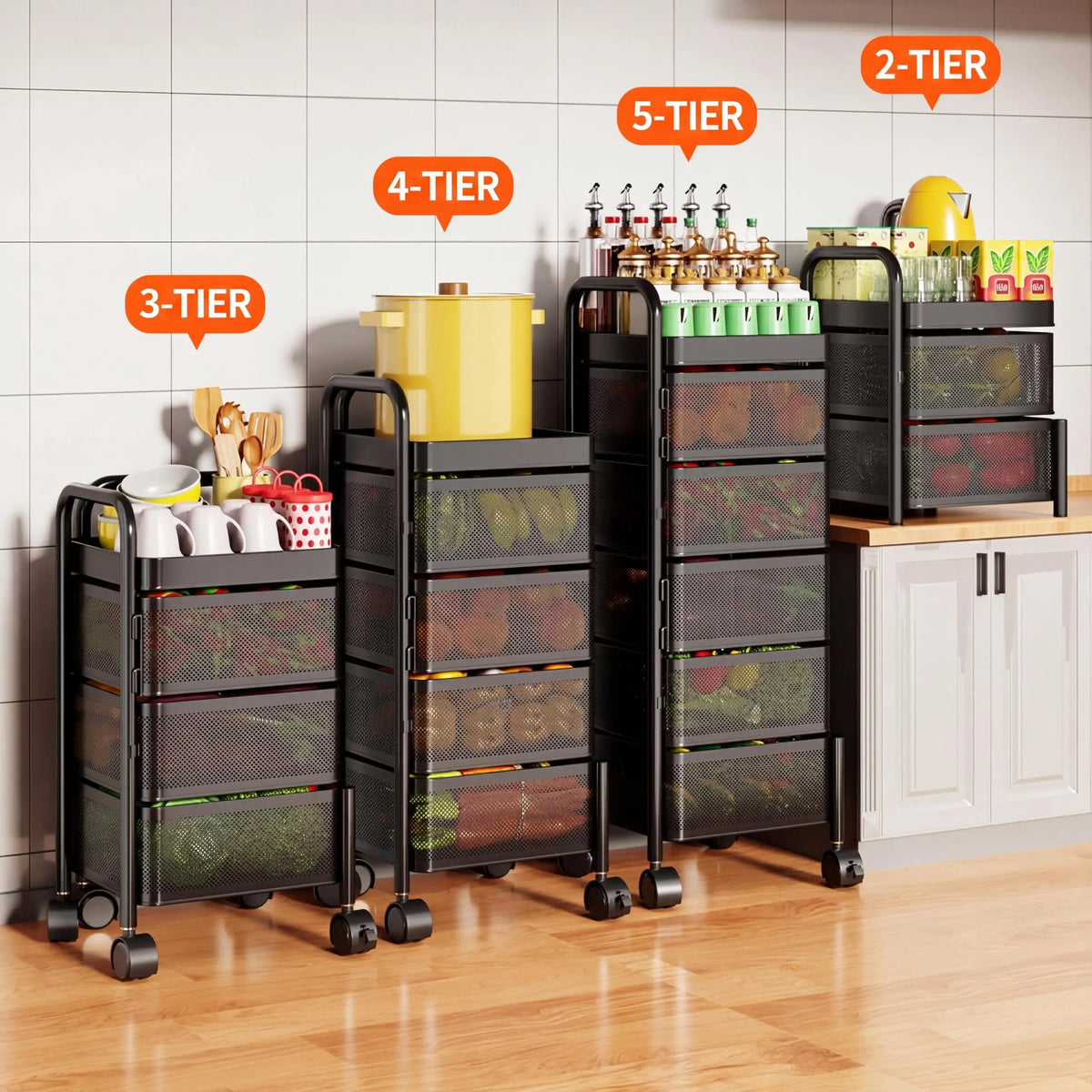 4 5 Tier Rotating Kitchen Storage Cart Thickened Carbon Steel With Wheels Top Lid Fruit Vegetable Basket Mobile Produce Organizer Utility Rack For Bathroom Living Room No Assembly Required