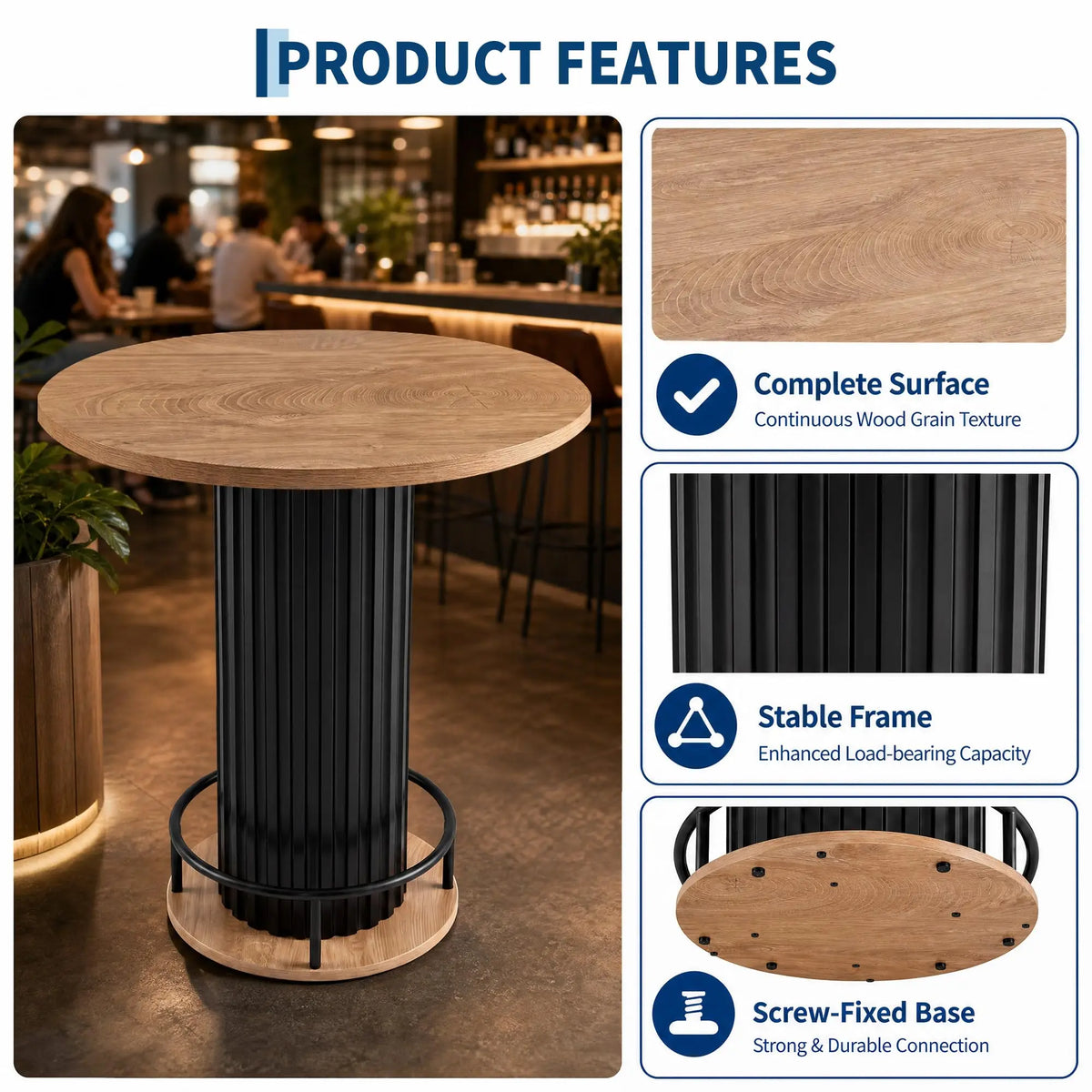 31.5 Inch Round Bar Table, 39.4 Inch High Bistro Pub Table With Iron Wave Base, Footrest, Wood Grain Top For Small Spaces Home